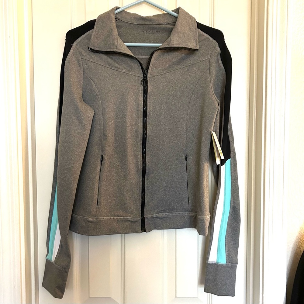 NWT TRINA TURK RECREATION Gray Athletic Full Zip Jacket Striped Sleeves Medium